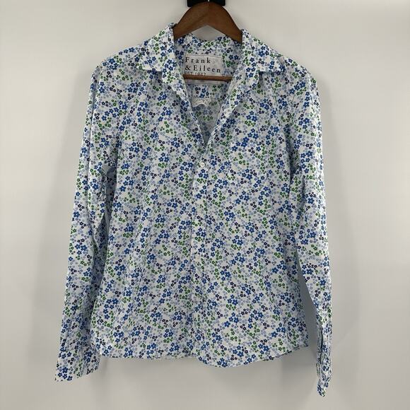 Frank Eileen Shirt Top Womens Medium Blue Floral Ditzy Button Barry Cottage - Picture 1 of 13